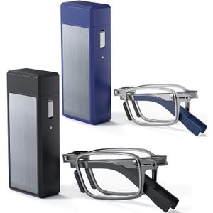 2 Pack Upgraded Durable Ultra Thin and Lightweight Folding Reading Glasses for Men Women, Blue Light Blocking Compact Computer Foldable Readers, Pocket Portable Sturdy Frame Black & Blue 1.75x