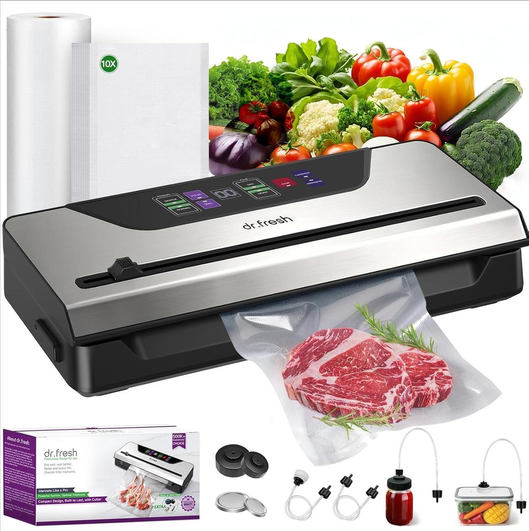 90Kpa Vacuum Sealer for Food, 10-in-1 Food Vacuum Saver Sealer Machine V30 with Mason Jar Kit, Built-in Cutter, Digital Timer, Dry&Moist Modes, Include Bags&Hoses, Gifts for Mom Wife Grandparents Chef