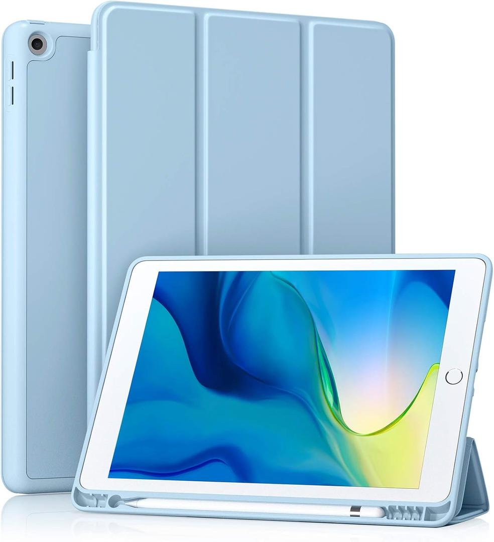 Akkerds Case Compatible with iPad 10.2 Inch 2021/2020/2019, for iPad 9th/8th/7th Generation Case with Pencil Holder, Protective with Soft TPU Back, Auto Sleep/Wake Cover, Sky Blue