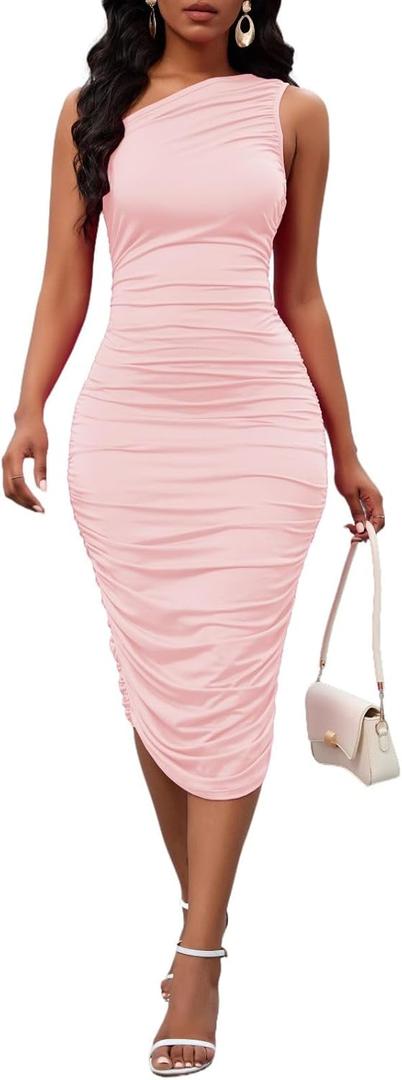 Women's Sexy One Shoulder Dresses Sleeveless Party Club Ruched Cocktail Wedding Guest Bodycon Midi Dress (Pink, XL)