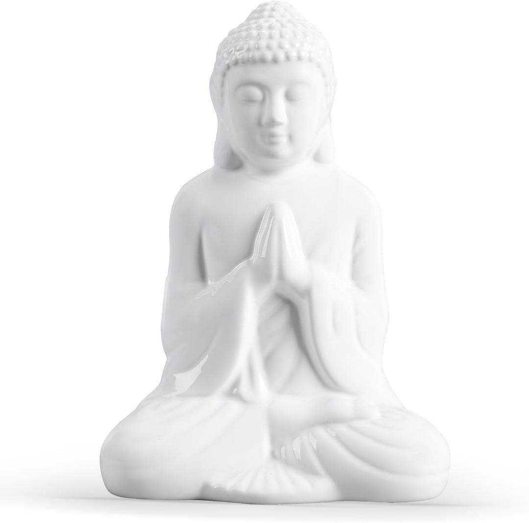 Ceramic Praying Buddha Figurine, Serene Medium Statue 11 Inches TallWhite