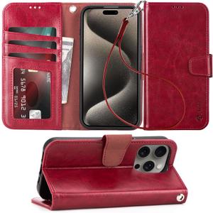 Arae Compatible with iPhone 15 Pro Case with Card Holder and Wrist Strap Wallet Flip Cover for iPhone 15 Pro 6.1 inch, Burgundy Red