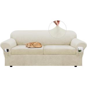 Sofa Slipcover with Armrest Pockets 3-Piece Set, Stretch Faux Leather Couch Cover for 2-Cushion Couches(Fits 72-92") - Non-Slip, Machine Washable, Pet & Kid Friendly - Beige