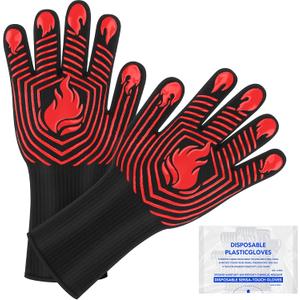 BBQ Gloves, 1472F Heat Resistant Gloves Fireproof Mitts, Grilling Gloves Silicone Non-Slip Washable Oven Glove, Kitchen Glove for Barbecue, Grilling, Cooking, Baking, Camping, Smoker (Red)