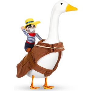 Cowboy Rider Porch Goose Outfit Halloween Goose Costume Lawn 23" Statue Cloths Cowboy Rider Style with Doll and Hat for Halloween Outdoor Patio Yard Art Decoration