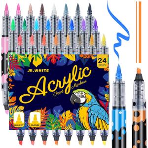 JR.WHITE 24 Colors Acrylic Paint Markers Dual Brush & Chisel Tip with Auto Flow, Ideal Christmas Gifts for Family Water-Based Markers, Vivid Opaque Colors for DIY Crafts, Rock, Wood, Canvas, Glass