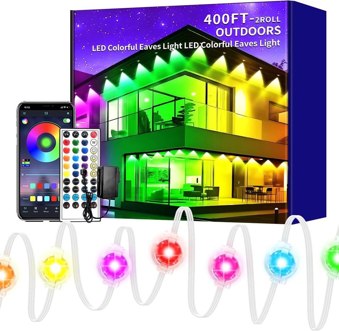 400ft Permanent Outdoor Lights, RGB Eaves Lights, DIY Scene Modes IP67 Waterproof Outside Under Eave Lighting, Smart Christmas Light for Outdoor Decor, Garden Decor, House, Party(Two 200ft Rolls)