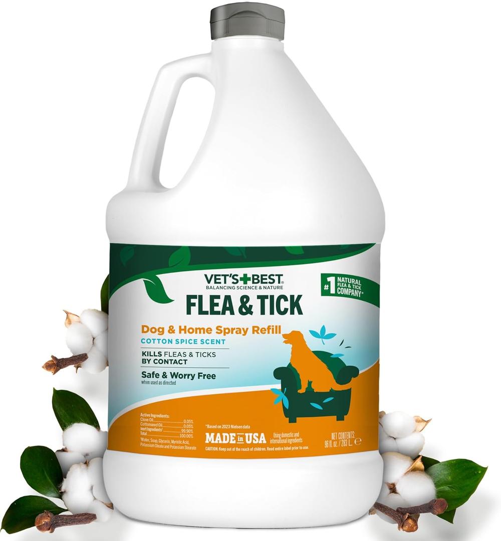 Vet's Best Natural Flea & Tick Home Spray for Dogs  Cotton Spice Scented Indoor Pest Control Spray  Natural Flea & Tick Protection with Certified Plant-Based Ingredients  Made in USA  96 oz Refill
