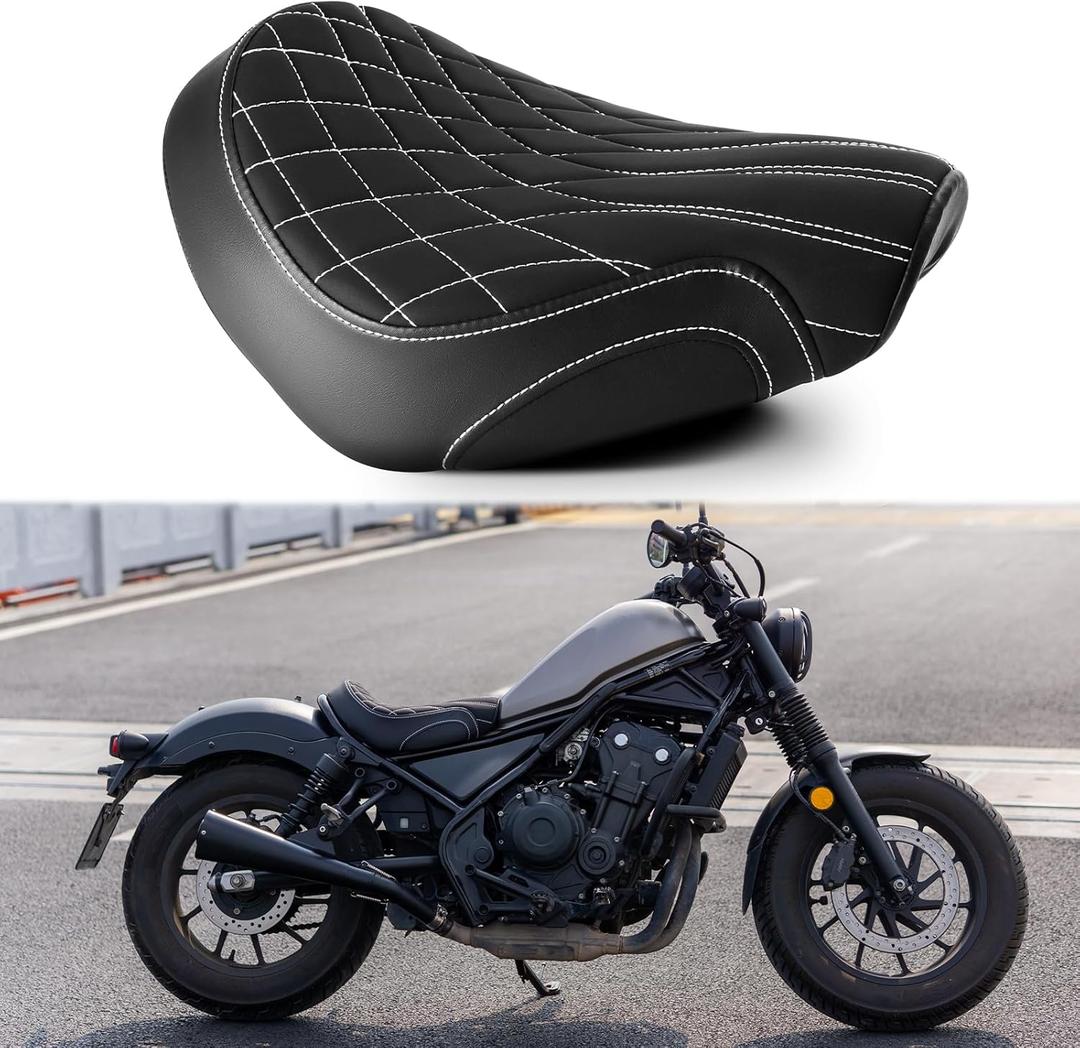 Motorcycle Solo Seat Front Rider Seat Silicone Cushion Compatible with Rebel 300 Rebel 500 CMX300/500 2017-2025(White Stitching Diamond Pattern)