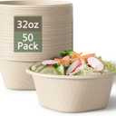 32 Oz Deep Paper Bowls Disposable Bowl - Disposable Heavy Duty Compostable Bowls, Eco-friendly Sugarcane Bagasse Biodegradable Bowl for Soup, Salad, Dessert, Ice Cream [50 Pack without Lds]