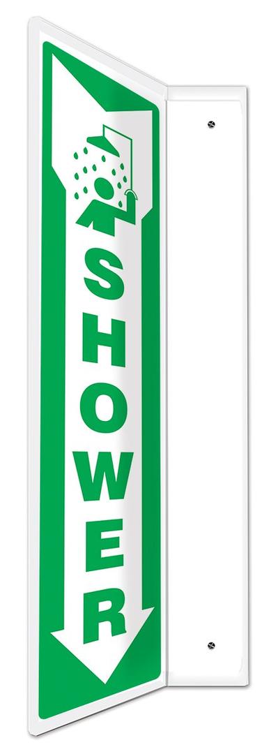 Accuform PSP438 Projection Sign 90D, "Shower", 0.10" Thick High-Impact Plastic, Pre-Drilled Mounting Holes, Plastic, 18" x 4", White on Green