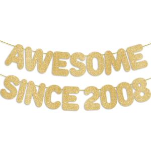 2 x Pre-Strung Awesome Since 2008 Gold Glitter Banner, Happy 18th Birthday Decorations for Girl, 18 Year Old Anniversary Party Decor for Boy