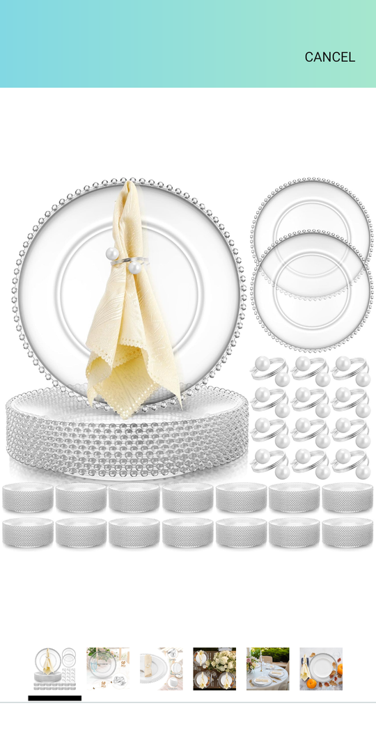 Tioncy 50 Set Clear Charger Plates Bulk Beaded Plastic Charger Plates 13 Inch, Napkin Rings, Acrylic Round Dinner Table Decorative Plate for Wedding Party Event (Clear and Silver)