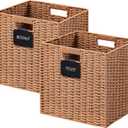 UBBCARE 2 Pack Wicker Basket, 1313 Storage Cubes with Label, Foldable Cube Storage Bin with Handle, Square Storage Basket for Shelves, Woven Paper Rope Basket for Organizing, Caramel