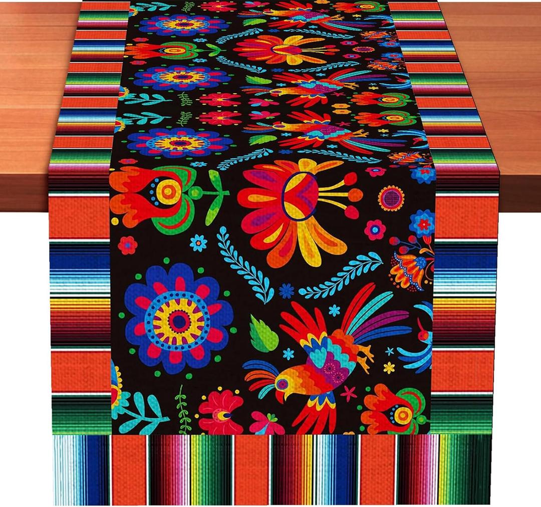 Mexican Table Runner 72 x 13 Inch Fiesta Serape Floral Bird Table Decor for Cinco de Mayo, Southwestern Boho Dining Table Cloth for Kitchen Parties and Mexican Themed Events