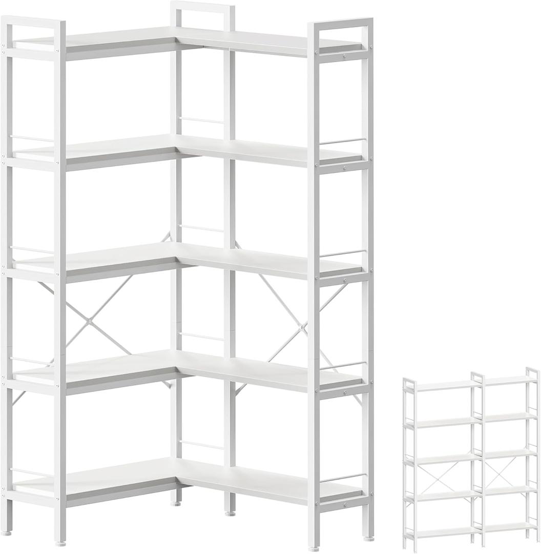 Huuger 5 Tier Bookshelf, L Shaped Corner Bookshelf with 10 Open Shelves, 49.4 Inch Straight Wide Bookcase with Metal Frame and Wooden Board, Adjustable Feet, White