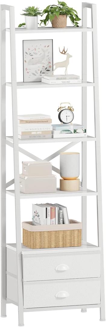 Furologee 5-Tier Ladder Shelf with 2 Drawers, Narrow Bookshelf Storage Shelves, Industrial Bookcase Freestanding Rack Units for Bedroom, Living Room, Bathroom, Home Office, Balcony, Wood Metal, White