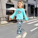 Toddler Girl Clothes Long Flare Sleeve Tops Bell Bottom Pants Baby Girls Clothing Sets Cartoon Graphic Outfit (3-4 Y, Blue)