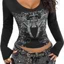 Milumia Women's Y2k Punk Graphic T Shirt Sexy V Neck Long Sleeve Crop Tops Streetwear (S, Black)