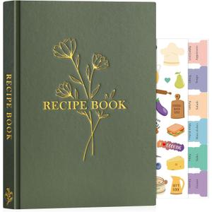 Lanpn Blank Recipe Book Cookbook to Write in Your Own Recipes, Waterproof B5 Empty Cooking Journal for 120 Recipes, Leather Cover Recipe Notebook with Stickers to Organize Your Family Recipes, Green (Large (7 x 10 inch))