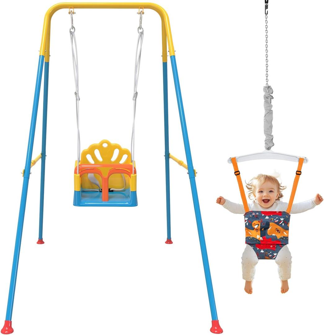 Foldable Toddler Swing Set and Baby Jumper, Indoor & Outdoor Use, Baby Bouncer Jumper, Safe and Durable Swing Set for Backyard (Blue)