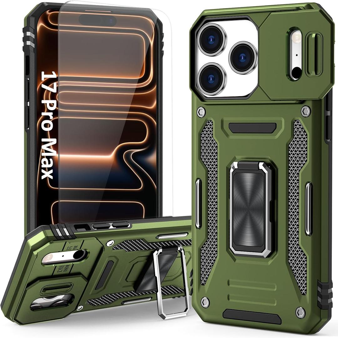 Phone Case Compatible with i Phone17 Pro Max Case with Camera Lens Cover & HD Screen Protector, with Ring Holder Kickstand, fit Magnet Car Mount, for iPhone 17 Pro Max (Olive Green) Phone Case Compatible with i Phone17 Pro Max Case with Camera Lens Cover & HD Screen Protector, with Ring Holder Kickstand, fit Magnet Car Mount, for iPhone 17 Pro Max (Olive Green)