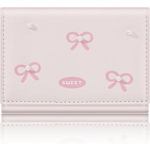 Small Wallets Woman, Cute Tri-fold Coquette Wallet for Women with Bow Design, Compact Credit Card Holder Purse with ID Window for Coin Cash Change (Pink)