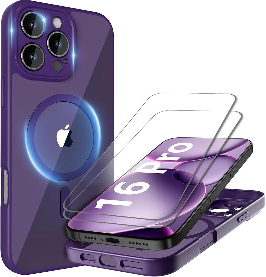 Cufelf Magnetic for iPhone 16 Pro Case(Compatible with Magsafe) Full Camera Protection,2+Full Coverage Screen Protector,Translucent Matte,Military Drop Protection Phone Case,6.3",Purple