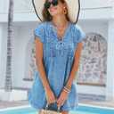 Womens Denim Romper 2025 Jean Dress V Neck Shorts Sleeves Tie Front Ruffle Overall Dress with Pockets (Blue, S)