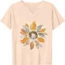 Womens Vintage Sunflower Graphic T-Shirt V Neck Short Sleeve Floral Tees Casual Loose Fit Summer Tops(L,Beige-3-229) (Beige, L)