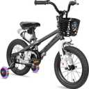 JOYSTAR Pluto 12 Inch Kids Bike with Light Up Training Wheels, Kids' Bicycle for Boys Girls Age 3-12 Years, Children Bikes, Multiple Colors (Charcoal)