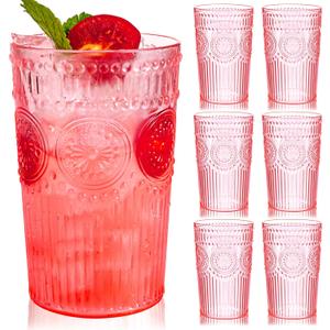 Ciaell 12 Pack Romantic Plastic Water Glasses - 14 Oz Pink Vintage Drinking Glasses, Embossed Ribbed Plastic Cups, Textured Striped Set for Juice, Beverages, Beer, Cocktail