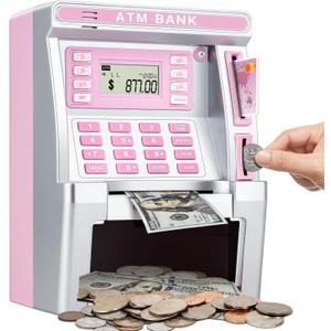 Pink Piggy Bank for Kids, ATM Machine Bank for Real Money with Debit Card, Bill Feeder, Coin Recognition, Balance Calculator, Electronic Savings Safe Box, Gifts for Teen Boy Girl