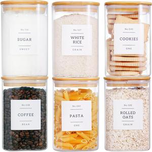 CZZGSM 6 Pack Square Kitchen Storage Jars with Airtight Bamboo Lids and 132 Pantry Labels - 35oz Glass Canisters With Wood Lids - Food Storage Containers for Coffee, Cookie, Tea, Spice