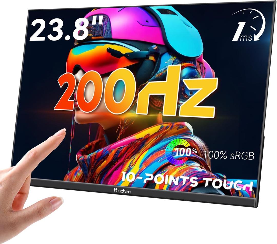 Prechen 23.8" 200hz Portable Touchscreen Monitor 99% sRGB VA FHD 1080P, VESA, Built-in Speaker, w/ 90°Adjustable Stand USB-C HDMI External Second Touch Screen Display for Laptop/ PC/ Phone