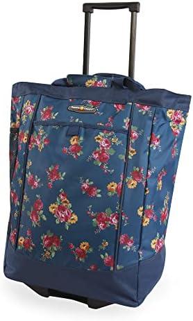 Pacific Coast Signature Large Rolling Shopper Tote Bag (Color: Rose Garden Navy)