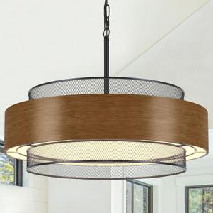 23.6 inch Farmhouse Chandeliers for Dining Room, 6-Light Rustic Large Black Drum Chandelier Metal Imitation Wood Round Hanging Lighting for Entryway Kitchen Island Foyer Bedroom Living Room