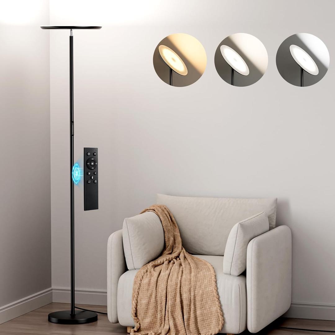 Modern LED Floor Lamp - Remote & Touch Control, 40W/2400LM Sky Torchiere Standing Lamp, Fully Dimmable, 3 Color Temperatures, Ideal for Living Room & Bedroom, Easy to Assemble (Large, Black)