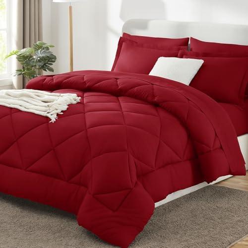 CozyLux King Size Comforter Set Dark Red - 7 Pieces Bed in a Bag King, Luxury Soft Bed Set for All Seasons, Bedding Set with Down Alternative Comforter, Sheets, Pillowcases & Shams 102x90 King