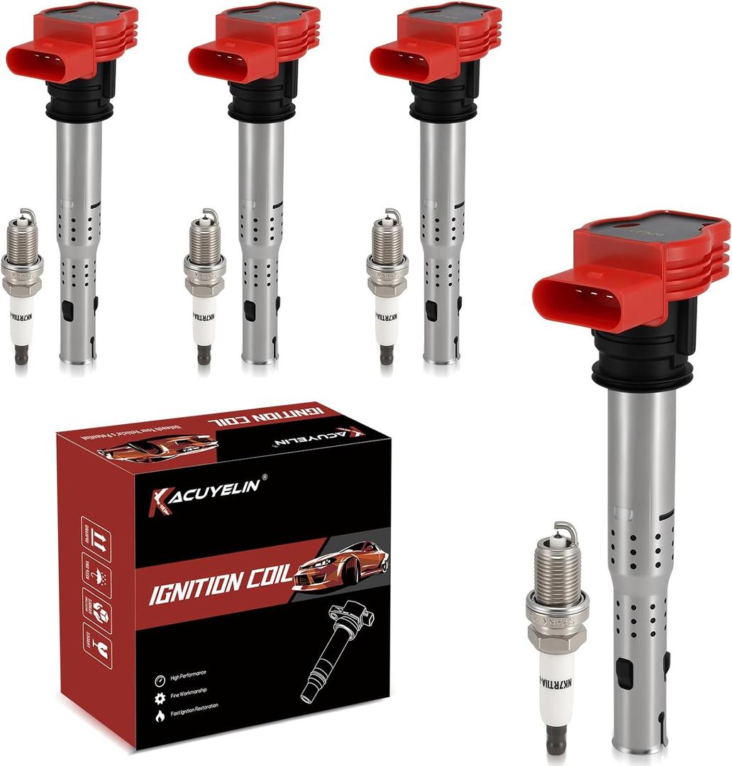 UF529 Ignition Coil Pack and Double Iridium Spark Plugs Set of 4 Compatible with Audi A4 A6 Volkswagen VW CC Passat GTI 2008 2009 2010 2011 2012 2013 2014 2015 2016 2.0 2.0T Coil Packs 06E905115E