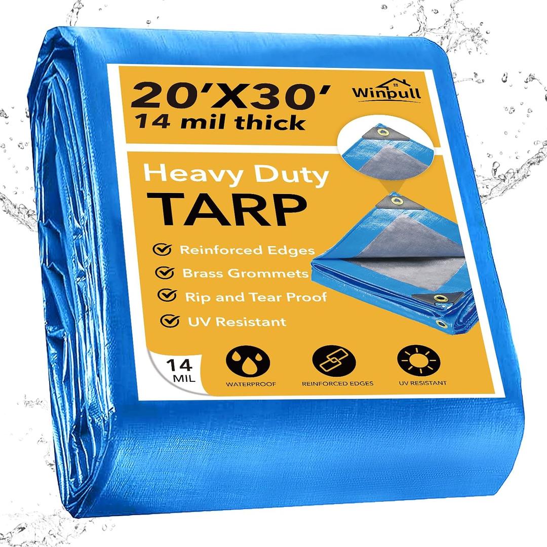 Winpull Tarp 20x30 Feet 14 Mil Heavy Duty Waterproof Tarp, Large Multipurpose Cover with Brass Grommets and Reinforced Edges, UV Resistant Thick Poly Tarps for Outdoor Camping Tent Pool Car, Blue