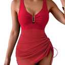 B2prity Women's Mesh One Piece Swimdress Swimsuit Tummy Control V Neck U Ring Bathing Suit Drawstring Sarong Swimwear Red, XL
