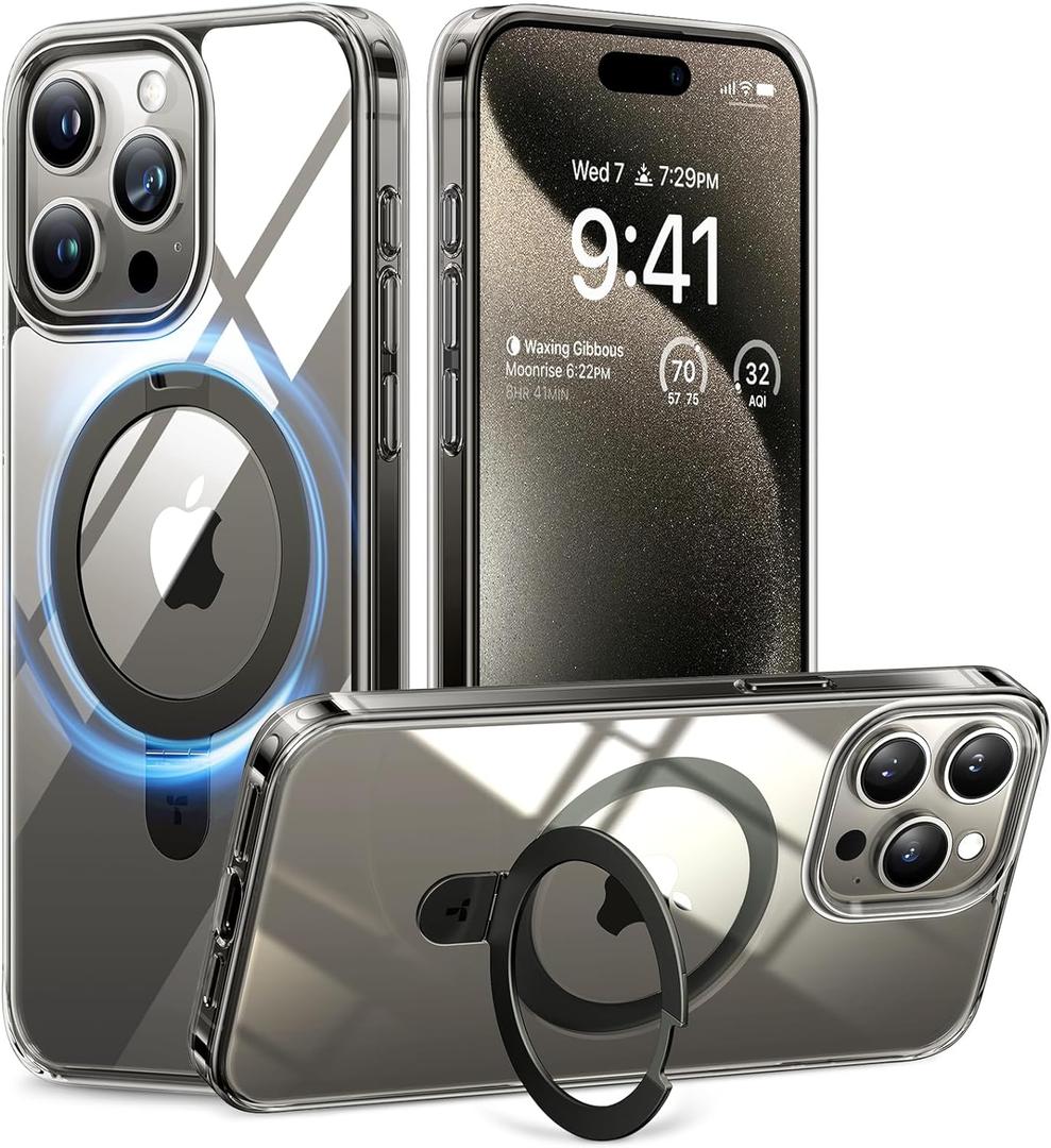 TORRAS Magnetic Ostand for iPhone 15 Pro Max Case, Military Grade Drop Tested, Compatible with MagSafe, Built in Kickstand, Clear Slim Hard Back Soft Edge 6.7" 2023, Clear Grey