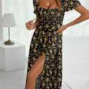 BLENCOT Womens Casual Summer Square Neck Short Sleeve Split Thigh Cotton Dress Boho Floral Print Tie Front Midi Dresses (Large, P220black)