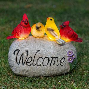 Solar Garden Statues Outdoor Decor, Welcome Sign Garden Sculptures Statue Novelty Birds Figurine Decoration for Patio Yard Porch Art Home Decor (Red-yellow)