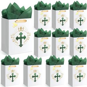Feifeiya 12 Pcs Baptism Christening Religious Gift Bags with Cross Design, Tissue Paper for Baby Baptisms, First Communion, Christian Bible Verse 11 x8.2 x6 Gift Bag for Wedding Clergy Day(White)
