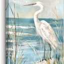 AWPANERAR White Heron Canvas Wall Art Coastal Bird Pictures Prints Blue Ocean Poster Beach Egret with Reed Painting Artwork for Bathroom Decor Framed (30L x 20W)