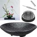 Japanese Ikebana Kit Floral Frog Flower Container with Kenzans Needle Straightening Tool - 1.8inch Black Flower Frog, 6.7inch Bowl Vase
