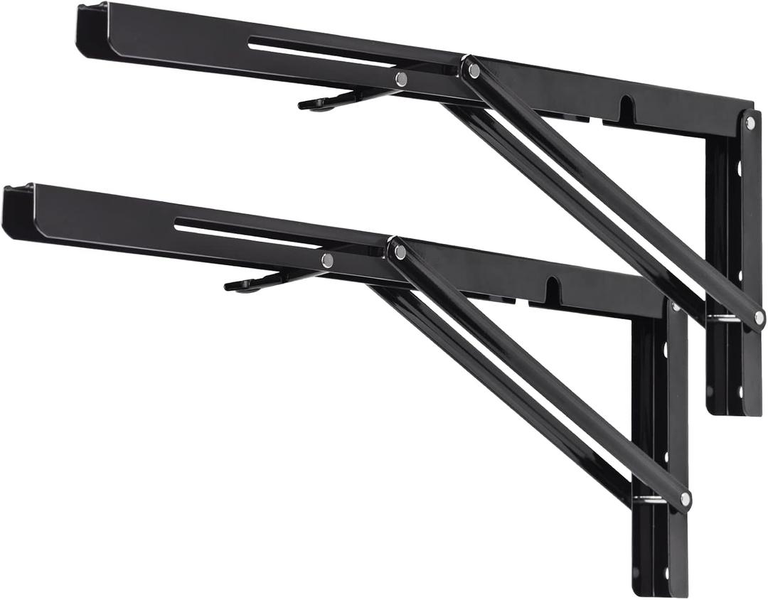 YUMORE Folding Shelf Brackets, 18 Inch Heavy Duty Collapsible Shelf Bracket, Black DIY L Bracket for Workbench Folding Table Hinge, Max Load: 330lb, 2 Pack