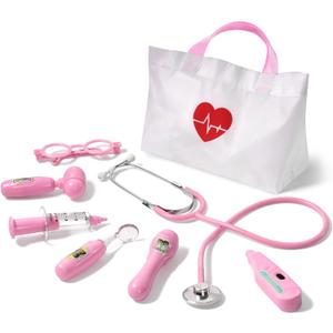Phobby Kids Doctor Kit, 8 Pieces Toddlers Doctor Playset with Medical Storage Bag & Real Stethoscope, Pretend Play Doctor Toys Birthday Gift for Boys Girls Aged 3 4 5 6 (Pink)